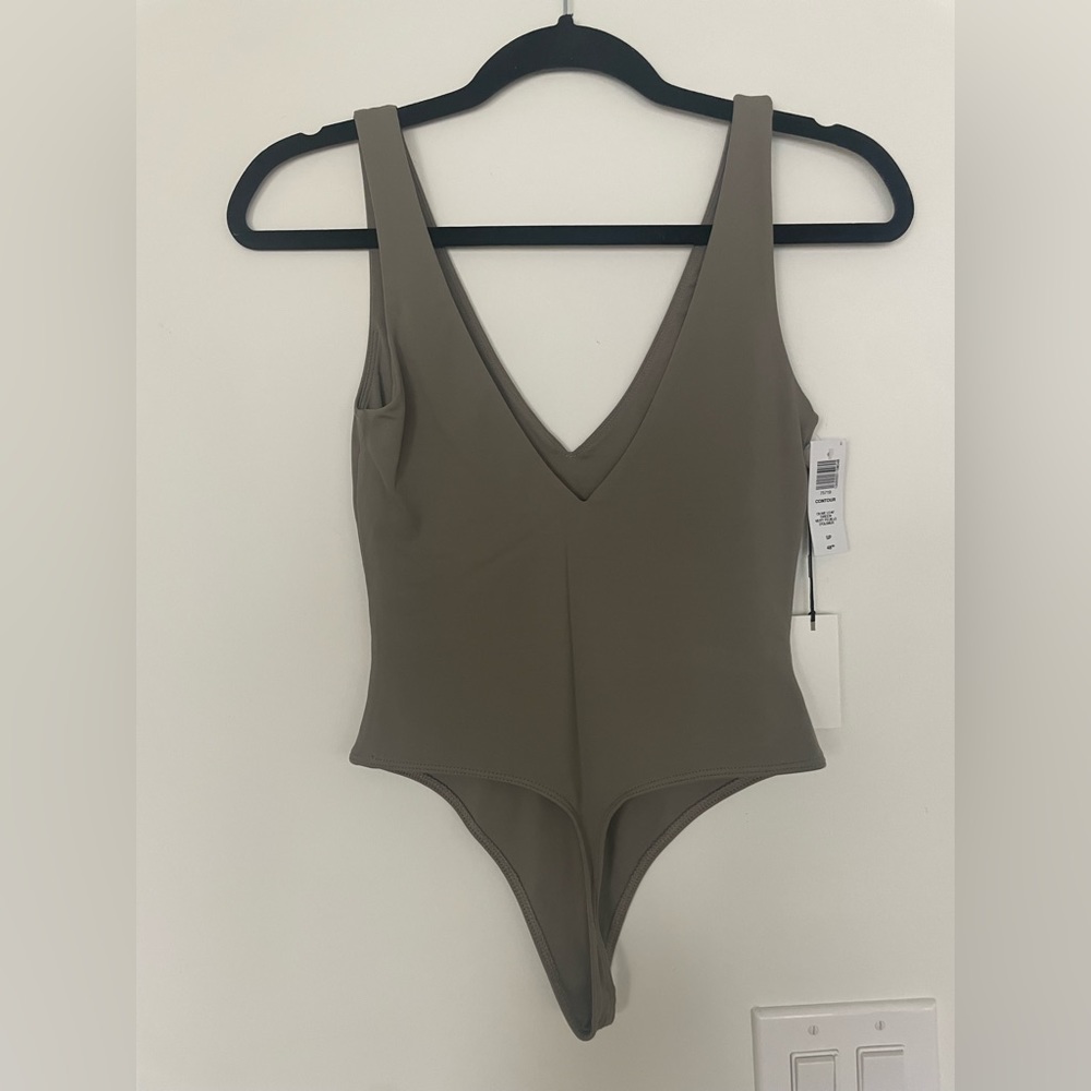 Babaton Contour Deep V bodysuit in olive green
